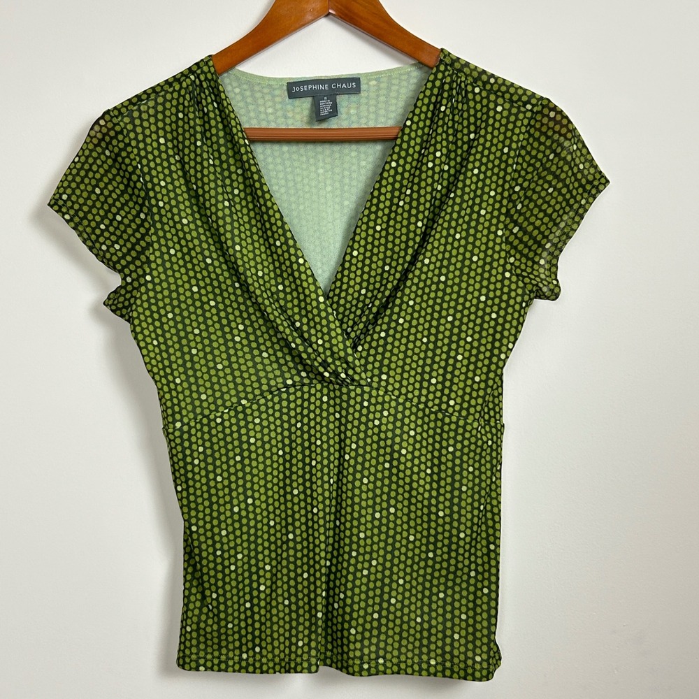 Josephine Chaus Y2K Green Mesh Overlay V Neck Geometric Top Size‎ S